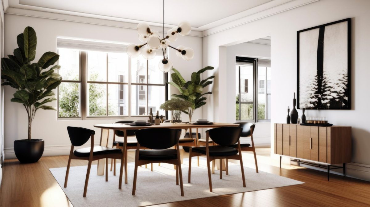 Inspiration du design d'intérieur d'une salle à manger de style scandinave moderne, décorée avec du bois et du cuir et un lustre tendance