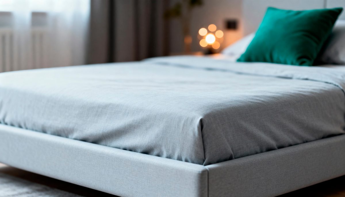 Gros plan sur un lit avec des draps gris et verts